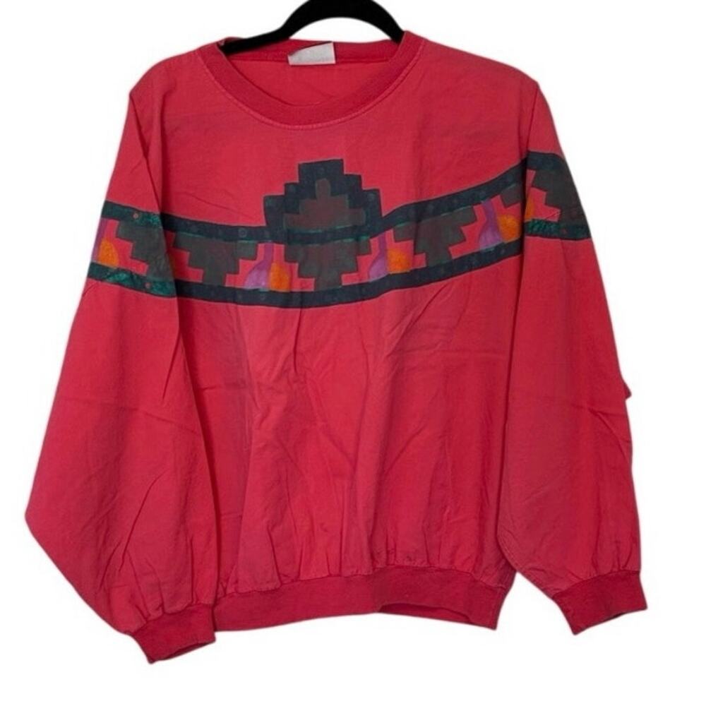 Vintage 80s Long Sleeve T-Shirt Size L Hand Painted Graphic Pink Aztec Cotton